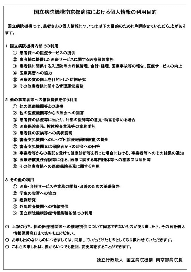 南京都病院における個人情報の利用目的